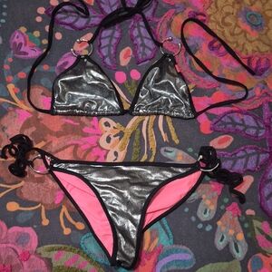 Doll Swim Wear Metallic Silver and Black Trim Bikini Top And Bottoms
